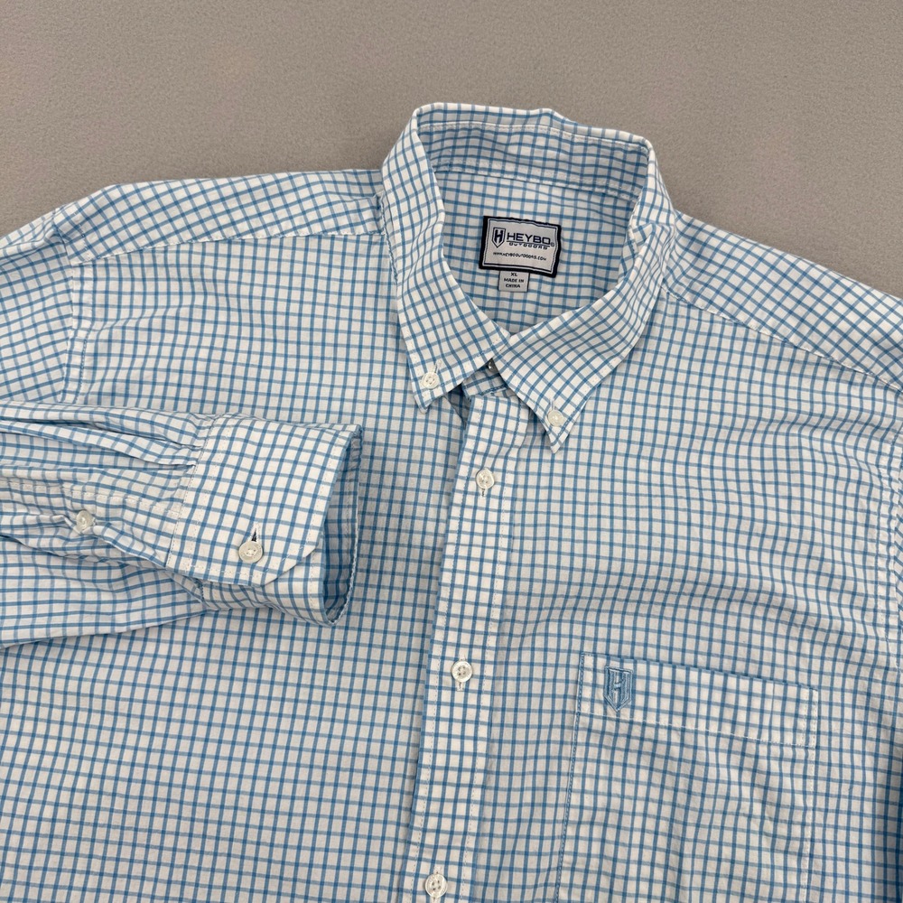 Heybo Outdoors Men XL Blue Gingham Check Button Down Shirt Stretch Cotton Casual